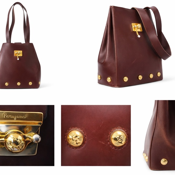 Rare Vintage Ferragamo Leather Bag Studded Gold Hardware Italy - Picture 2 of 12